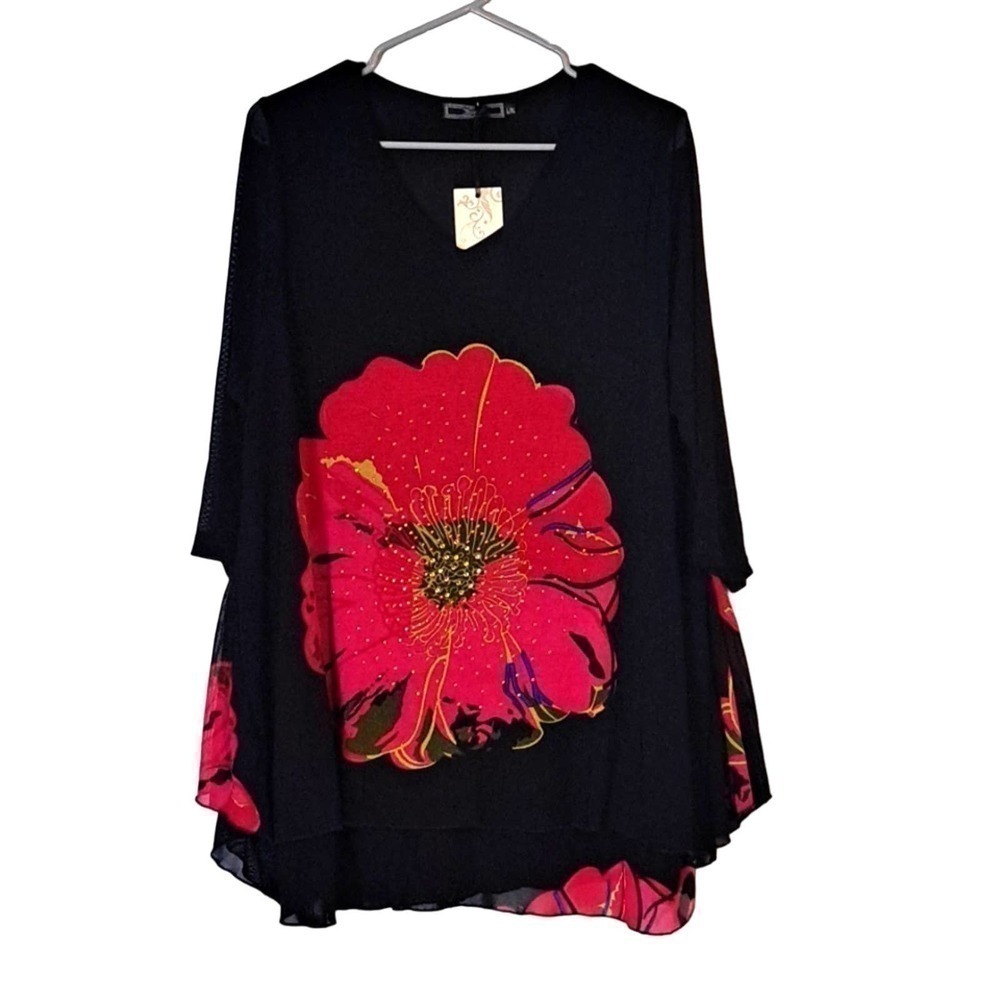 Zashi black and red California  poppy blouse Plus XL